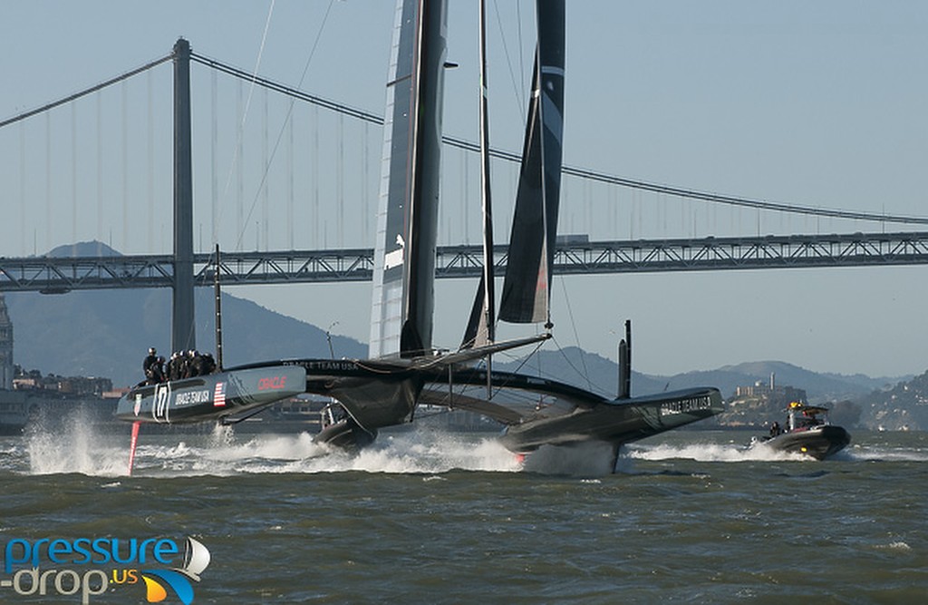 Oracle Team USA, foil borne and bow high in San Francisco © Erik Simonson www.pressure-drop.us http://www.pressure-drop.us